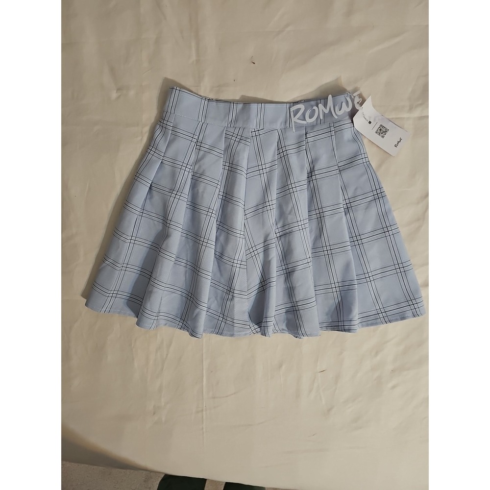 New Romwe Blue Gray Plaid‎ Pleated Mini Skirt size Small